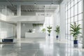 Three-dimensional rendering of a modern office building interior, with large spaces, minimalistic design and a light Royalty Free Stock Photo