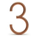 3D rendering of the number three formed from coiled copper wire on a white background image Royalty Free Stock Photo