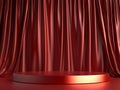 Three-dimensional rendering of a red round podium and an empty pedestal platform against a red curtain background with a dim Royalty Free Stock Photo