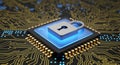 Three dimensional rendering of a secure microchip with glowing blue light and digital lock symbol on circuit board Royalty Free Stock Photo