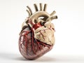 Three-dimensional representation of the human heart against a light gray backdrop. Red arteries and veins. Heart - a