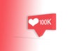 Social network icon in red, hundred thousand likes /followers, with a heart and the text `100K` in white, on a red gradient backgr