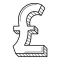 Three-dimensional symbol of the pound sterling. The British currency. Linear icon, sign. Hand-drawn black and white vector