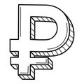 Three-dimensional symbol of the ruble. The Russian currency. Linear icon, sign. Hand-drawn black and white vector illustration.