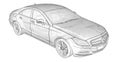 Three-dimensional, transparent illustration with contour lines of Mercedes Benz CLS coupe. 3d rendering.