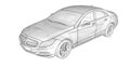 Three-dimensional, transparent illustration with contour lines of Mercedes Benz CLS coupe. 3d rendering.