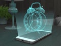 A three-dimensional virtual alarm clock is projected by the screen of a smartphone as a hologram. Future technologies. Modern