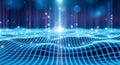Futuristic digital network grid with glowing blue light beams and interconnected data points visualization Royalty Free Stock Photo