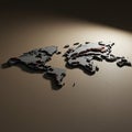 Three-dimensional world map with elevated reliefs in dark gray and brown hues. The Royalty Free Stock Photo