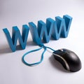 Three dimensional WWW letters connected to computer mouse on white background. Royalty Free Stock Photo