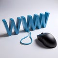 Three dimensional WWW letters connected to computer mouse on white background. Royalty Free Stock Photo