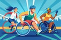 Three disabled athletes compete in a race, showcasing determination and teamwork on a sunny track, Illustration of disabled Royalty Free Stock Photo
