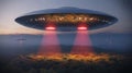 Flying Saucers Descending Over Forest alien spacecraft Royalty Free Stock Photo