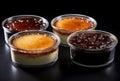 three dishes with dessert creme brulee topping