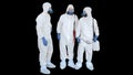 Three disinfectors walk in holding the disinfectant in their hands, Alpha Channel