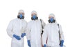 Three disinfectors walk in holding the disinfectant in their hands on white background.