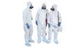 Three disinfectors walk in holding the disinfectant in their hands on white background.