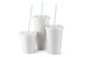 Three disposable cups for beverages with straw