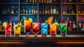 Three distinct beverages are neatly arranged on a bar counter. Each drink is in its respective glass, showcasing a