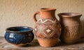 three distinct ceramic pots arranged on a surface, each with unique designs and glazes. One is a small blue-glazed bowl Royalty Free Stock Photo