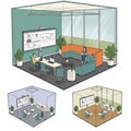 Three distinct office spaces with modern design elements are depicted. The largest Royalty Free Stock Photo