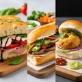 Three distinct sandwiches are displayed in a vertical triptych Royalty Free Stock Photo