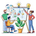 Three diverse team members collaborate on a whiteboard, brainstorming ideas and developing a project plan Royalty Free Stock Photo