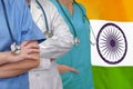 Three Doctors with stethoscope on India flag Royalty Free Stock Photo