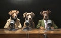 Three dogs with human clothes hold a press conference and interview at the press conference. Royalty Free Stock Photo