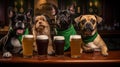 Three dogs sitting on a bar with glasses of beer, AI Royalty Free Stock Photo