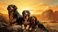 Three dogs sitting on a rock in front of a sunset, AI Royalty Free Stock Photo
