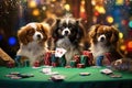 Three Dogs Sitting at a Table With Poker Chips, Tibetan Spaniel puppies playing poker in Vegas, All colorful glittering lights