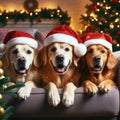 three dogs wearing santa hats