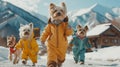 Three dogs wearing snow suits walking down a snowy road, AI