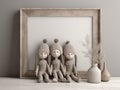 Three dolls sitting next to blank framed poster , concept of Subjectivity, created with Generative AI technology Royalty Free Stock Photo