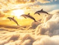 Three of Dolphins Jumping Happily into the Sky of Shiny Sun Royalty Free Stock Photo