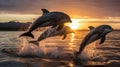 Three dolphins jumping out of the water at sunset, AI Royalty Free Stock Photo