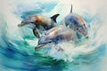 Three dolphins jumping in turquoise sea in foam splashes of sea water. Watercolor painting. Royalty Free Stock Photo
