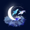 Three dolphins in the moonlight. Cloud and stars or sea wave and splashes. Moon night and dolphins beautiful illustration