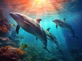 Ai Generated illustration Wildlife Concept of Three dolphins swimming underwater Royalty Free Stock Photo