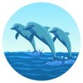 Three dolphins synchronously jump out of water friendly kind creatures Royalty Free Stock Photo