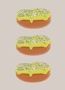 Three 3 donut with illuminating yellow sugar glaze and colorful pastry sprinkles isolated on beige vertical background. Sweet Royalty Free Stock Photo