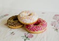 Three donuts on a background in the style of a shabby chic. Royalty Free Stock Photo