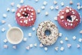 Three donuts and cup of coffee Royalty Free Stock Photo