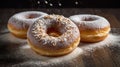 Three Delicious Donuts Powdered Sugar and Toasted Coconut Flakes Close Up Royalty Free Stock Photo