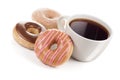 Three Donuts and a Large Mug of Black Coffee or Tea Royalty Free Stock Photo