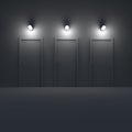 Three doors in a dark room with lamp. 3d illustration.