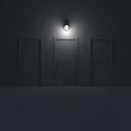 Three doors in a dark room with lamp. 3d illustration.