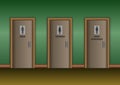 Three doors of public restooms: For men, women and non binary people. Vector Illustration