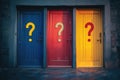 Three doors with question marks painted on them Royalty Free Stock Photo